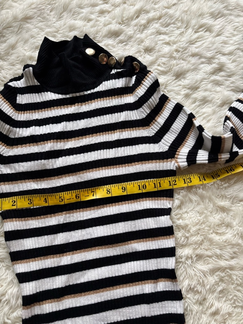 INC International Concepts Striped Ribbed Turtleneck in Black, White & Gold - Picture 5 of 9